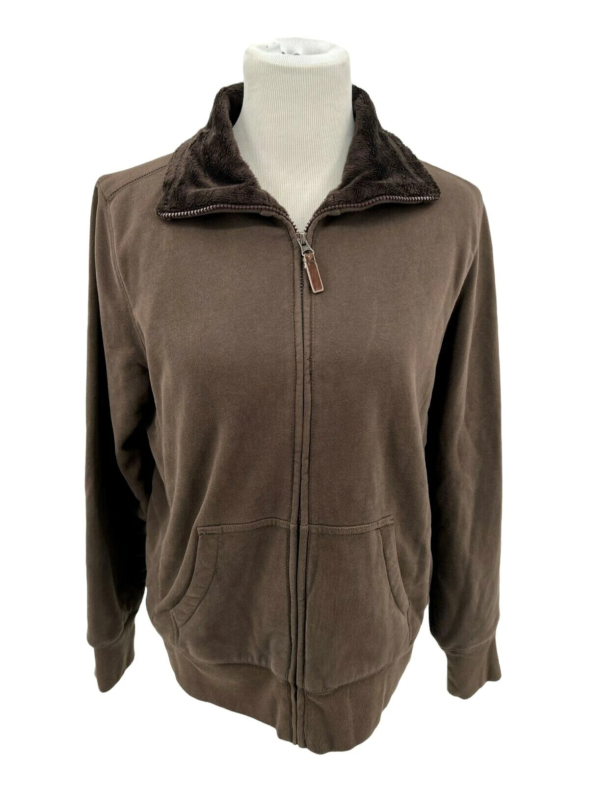 LL Bean Solid Dark Brown Plush Fleece Lined Full Zip Knit Jacket Mens Size Large
