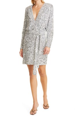 Rotate Samantha Sequin Long Sleeve Wrap Dress Sz 10 Silver Mrsp $360