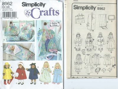 S 8962 sewing pattern 18'' DOLL CLOTHES, TOTE GARMENT SLEEPING BAGS sew Coat Cape