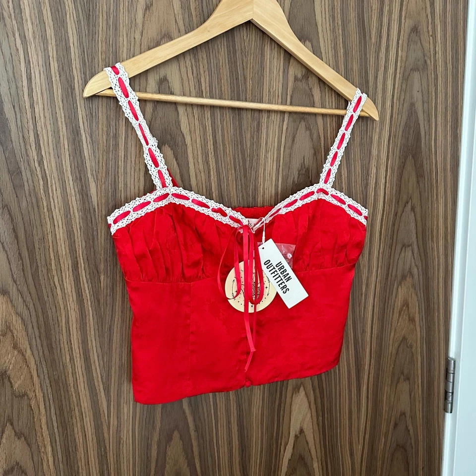 Kiss The Sky Red Satin Lace Straps Jacquard Tie Button Front Crop Top M NEW - Image 2 of 4