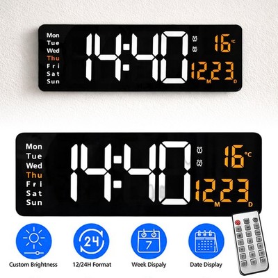 Große LED Digital Wanduhr mit Datum Temperatur Display Alarm Clock Fernbedienung