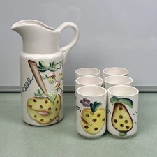 Mid Century Vintage 7 Piece Juice Set Pitcher & Cups Made In Japan Painted