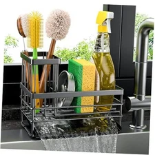  Sink Caddy Sponge Holder for Kitchen with Brush Holder and Stainless Black