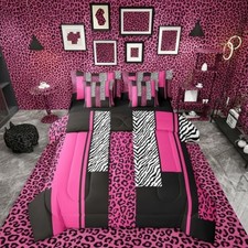 Leopard Print Stripes Girls Women Comforter Set Size 7 Pieces Queen Black Pink