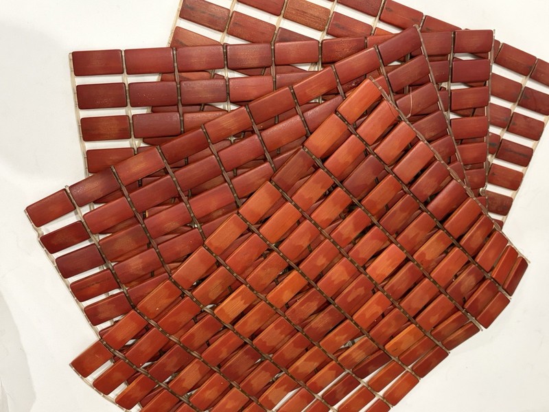 Vintage MCM Boho Teak Wood Woven Design Reversible Table Placemats Set 4 Retro