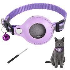8.7"-13.4" Cat Tracker Collar with Leather Tracker Holder 1Pcs Purple
