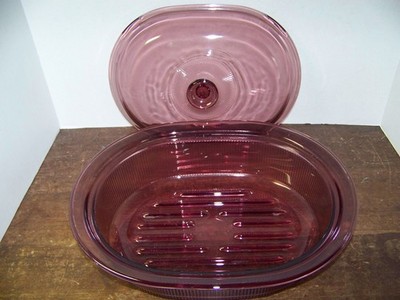 CorningWare V-34-B Cranberry Visions Ware 4 qt Roaster Ribbed Bottom Lid Beauty!