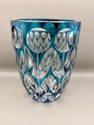 Val Saint Lambert Belgium Blue Cut Crystal Vase Overlay Glass 7.25'' Label