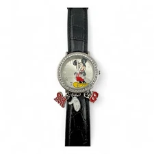 MZB Disney  Mickey Mouse Black Band And 3 Dangle Charms Watch Quartz—New Battery