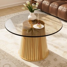 27.6" Small Round Coffee Table for Living Room, Farmhouse Fluted Side Table w...