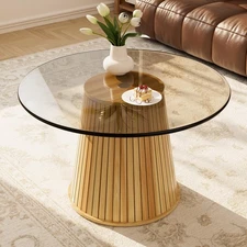 27.6" Small Round Coffee Table for Living Room, Farmhouse Fluted Side Table w...