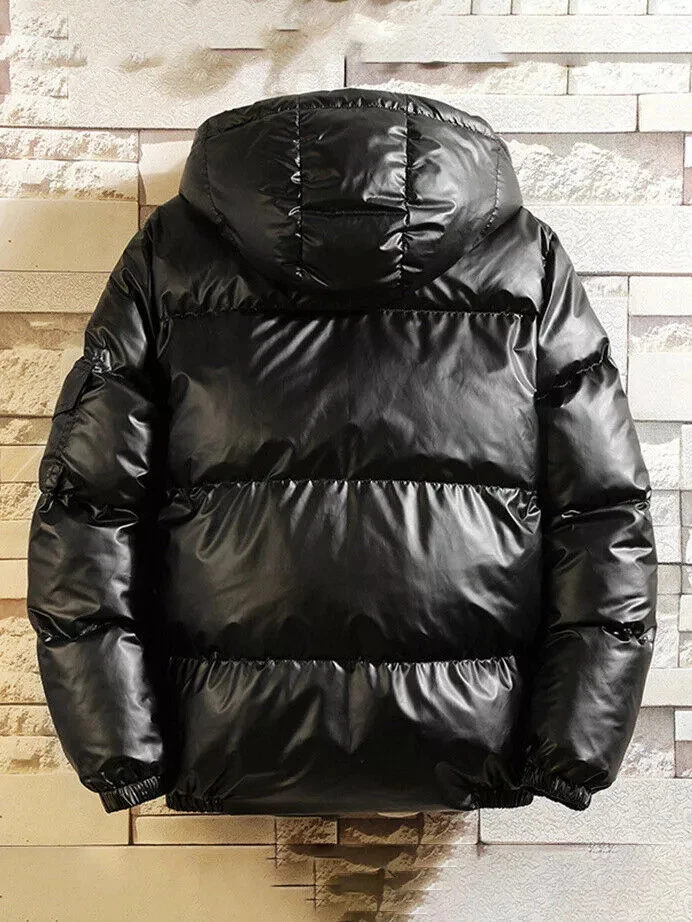 Doudoune Homme Noire Brillante Avec Capuche Sportive Mode Hivernale 10374N - Photo 2/2