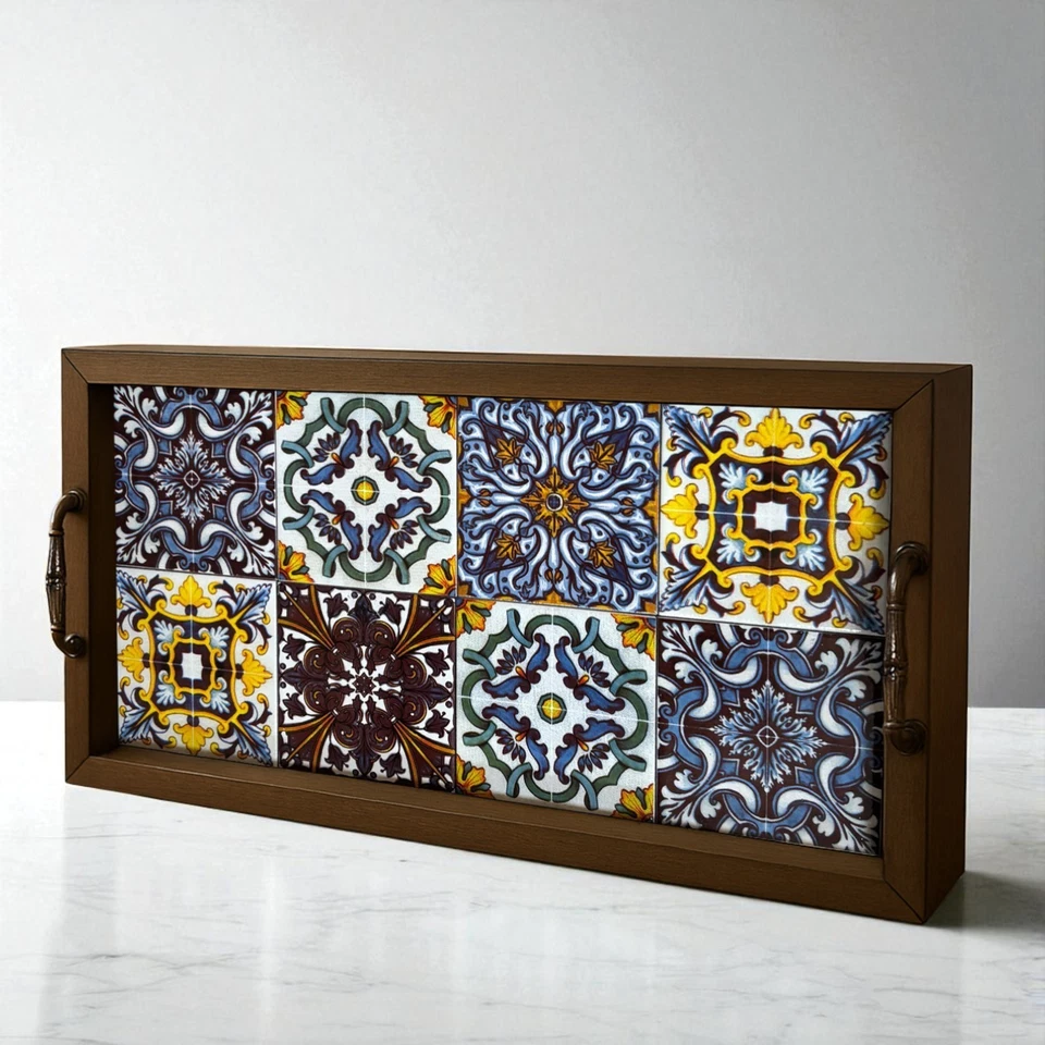 Anatolian Tiles Mosaic Tray Handmade Wooden Serving Tray with Ceramic Tiles Gift - Image 4 of 4