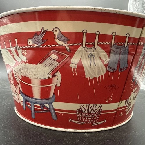 Early Vintage Wolverine Tin Litho Sand Pail girl Bou laundry Baby Birds puppy