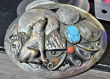 Coyote W/Turquoise Coral Buffalo Nickels Southwest Scene Vintage Belt Buckle