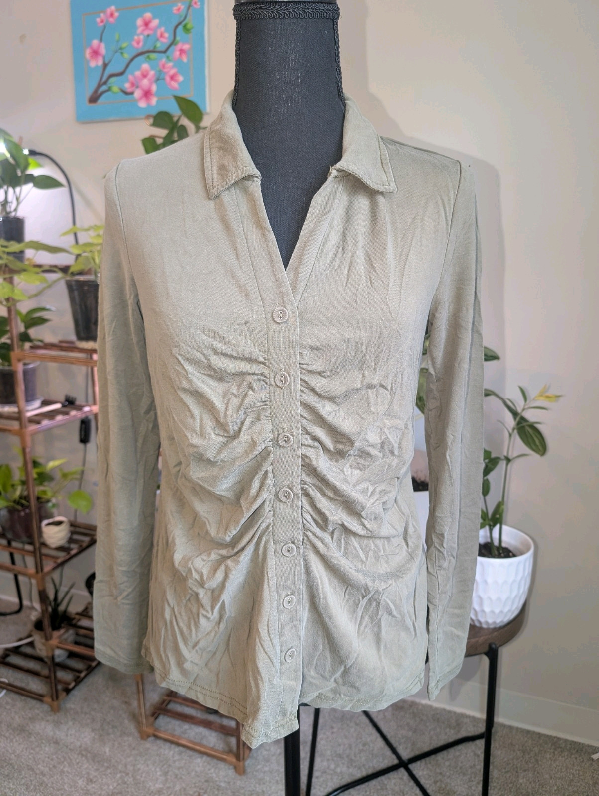 Modern Works Size Medium Button Up Olive Green Blouse