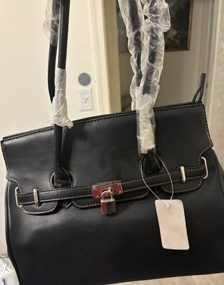 Black Shoulder Bag with Lock Accent, Silver Hardware, Inner Pockets