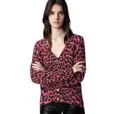 ZADIG VOLTAIRE Mirka Cashmere Leopard Print Cardigan Size Medium Pink Animal