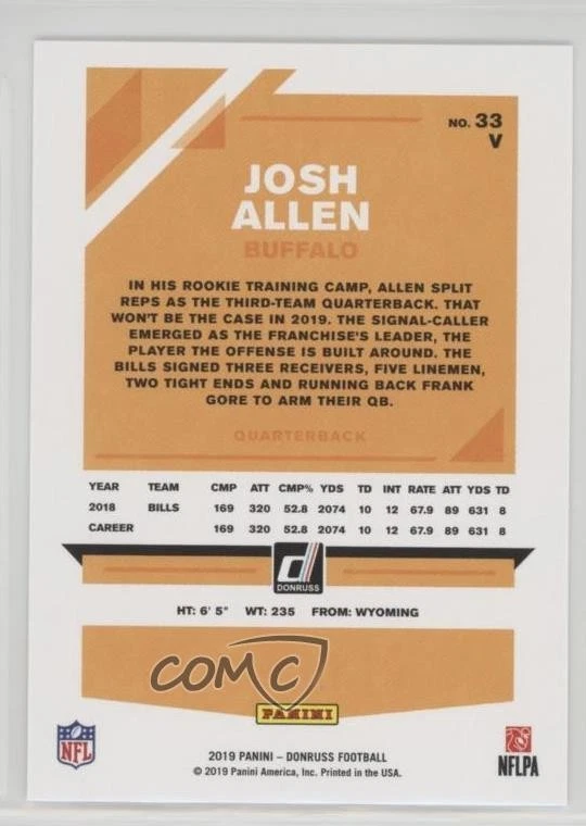 2019 Panini Donruss Photo Variation Josh Allen #33V - Image 2 of 2