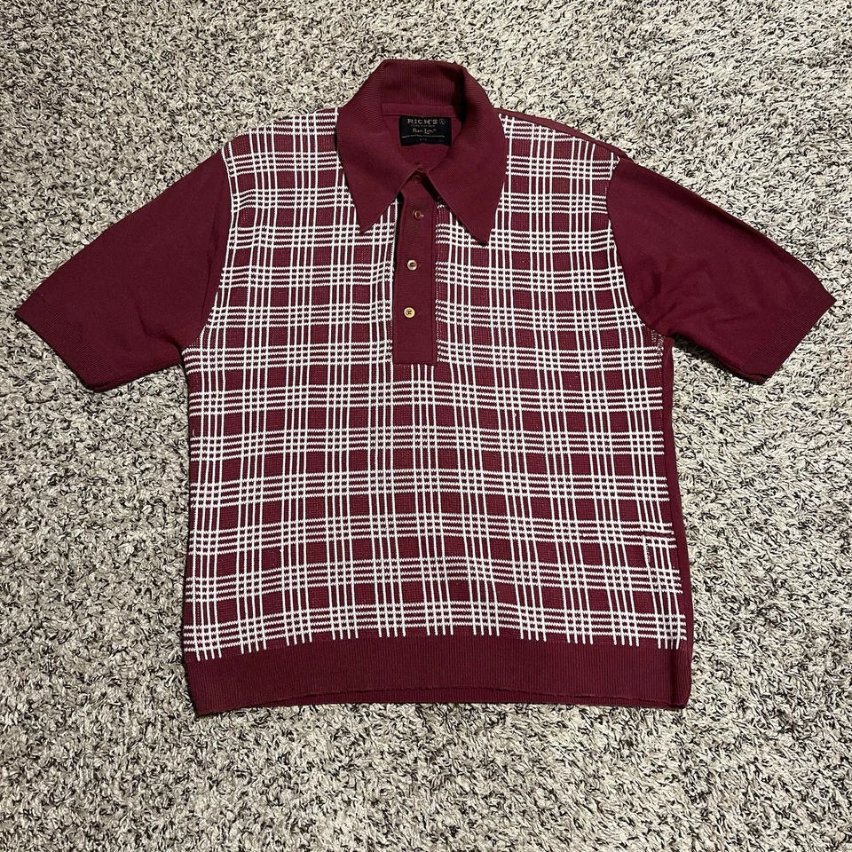 Camisa Polo Rich’s Ban-Lon Para Hombre Grande De Colección Años 60 Rockabilly Roja Tejida a Cuadros Foto 2 de 4
