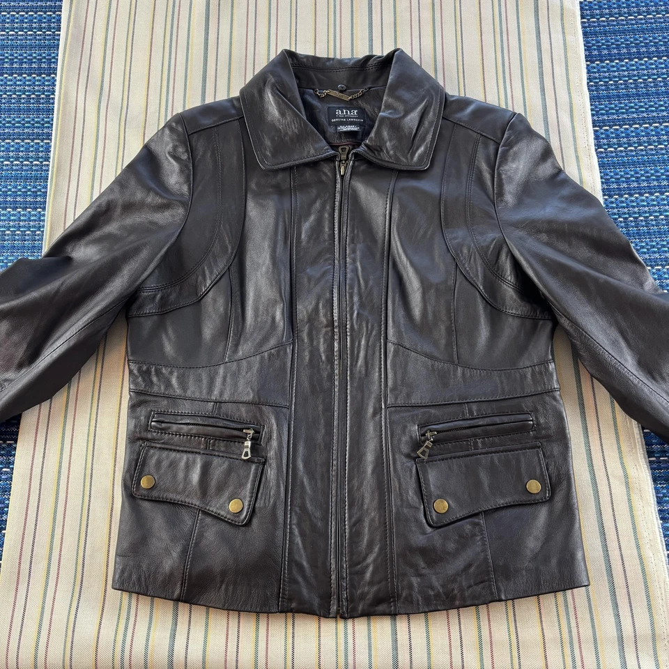 a.n.a Chaqueta de Cuero para Mujer XL Marrón Piel de Cordero Genuina Cremallera Bolsillos Frontales Hebilla Foto 3 de 4