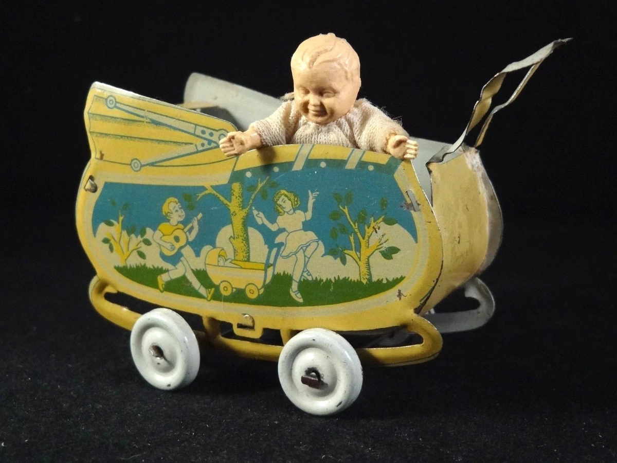 Ancienne rare poussette en t le b b landau miniature penny toys japan 1920