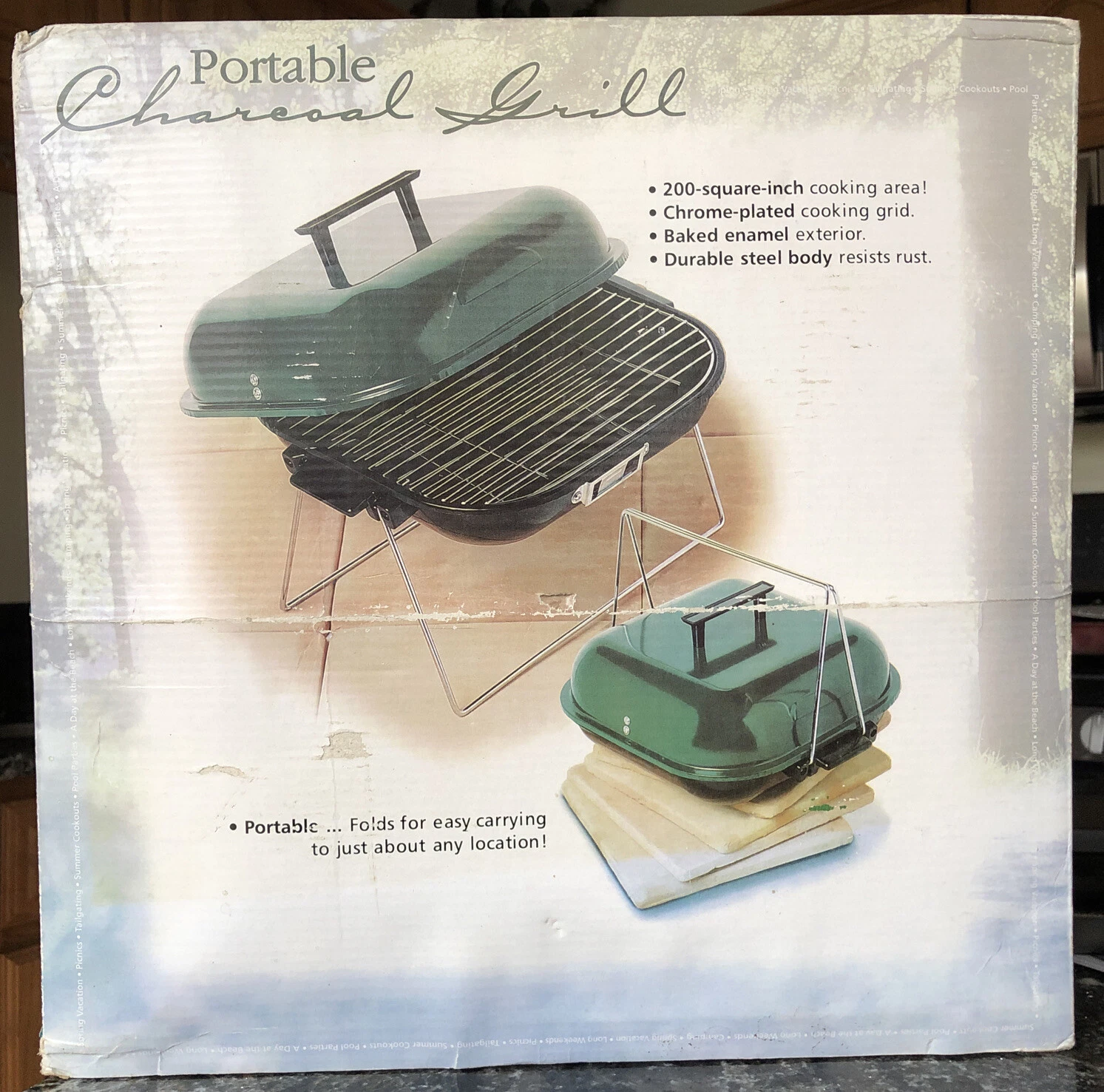 Portable Folding Charcoal Grill Green Enamel 14.5" x 14.5" 200 sq.” M11000 NEW!