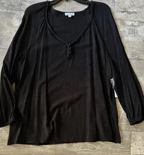 Westbound Woman XL Tunic Blouse Peasant Top Black Rayon Linen Long Sleeve