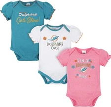 Miami Dolphins Girl Onesie Bodysuit 3 Pk - Gerber NFL 0-3m 3-6m 6-12m 18m
