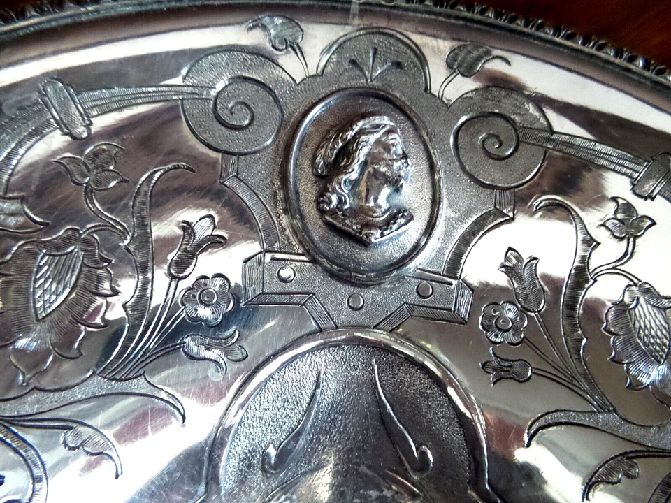 ANTIQUE SILVER OVER COPPER BRIDES BASKET CHASED DESIGN  - Image 3 of 4