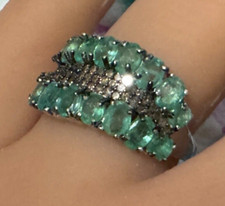 Natural Emerald Natural Diamond Band Quality 925 Sterling Silver RingSize 8