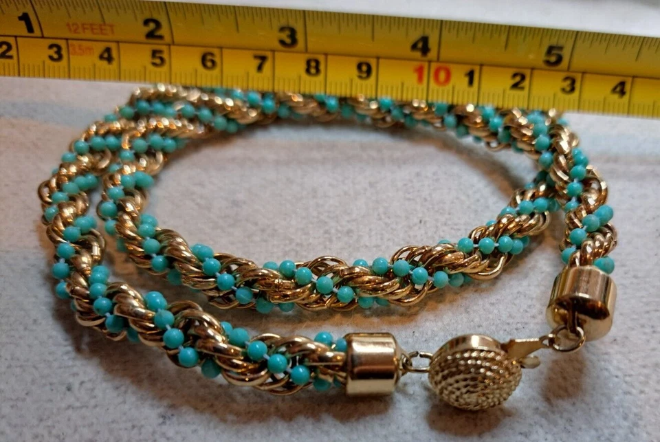 Collar/pulsera AVON Turquesa Cuentas Trenzadas con Cordón Chapado en Oro 20 en Clásico Foto 3 de 4