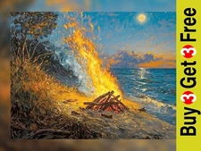 Sunset Shore Bonfire 7"x5" Print on Matte Paper | Captivating Coastal Artwork