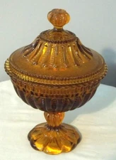 PORTIEUX VALLERYSTHAL CANDY DISH AMBER GLASS WITH LID FRANCE ANTIQUE