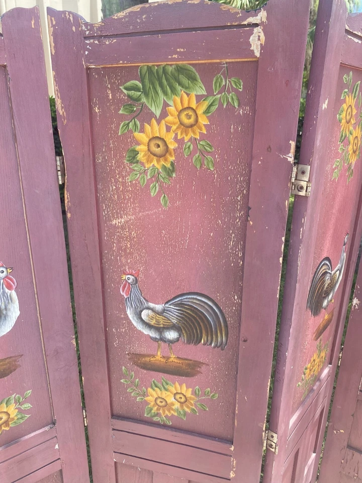 61” Vintage 4 Panels Hand Painted Room Divider Color Lavender/purple - Image 3 of 4