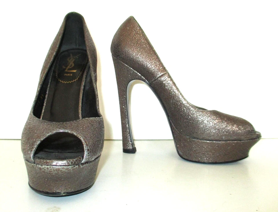 Zapatos de tacón YSL Yves Saint Laurent cuero bronce metálico 39 mujer peep-toe Foto 2 de 4