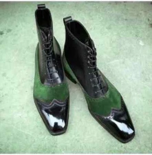 Handmade Pure Green Suede & Black Leather  Wing Tip Ankle Lace Up Boots for Men