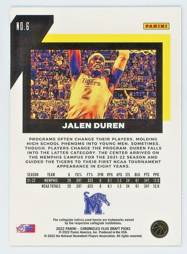 JALEN DUREN RC 2022-23 Panini Chronicles Draft Picks FLUX Insert Card #6 - Picture 2 of 2
