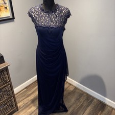 Alex Evenings Navy Metallic Cutout Lace Maxi Gown/Dress Side Ruched Skirt SZ6