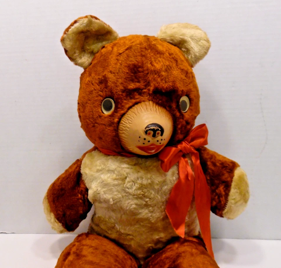 Vintage 24” Teddy Bear Plush Brown W/ Cream Color Rubber Face, Google Eyes - Image 3 of 4