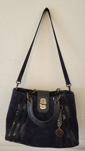 Russell & Bromley Stuart Weitzman Navy BlueSuede and PatentLeather Shoulder Handbag