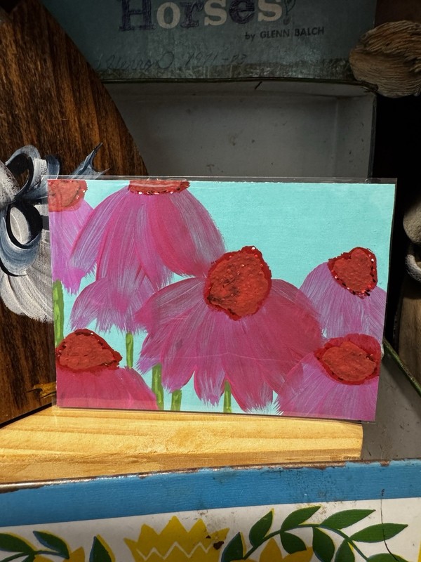 ACEO Art Card Pink Petals By Britney B Acrylic Flowers Blue Sky Landscape
