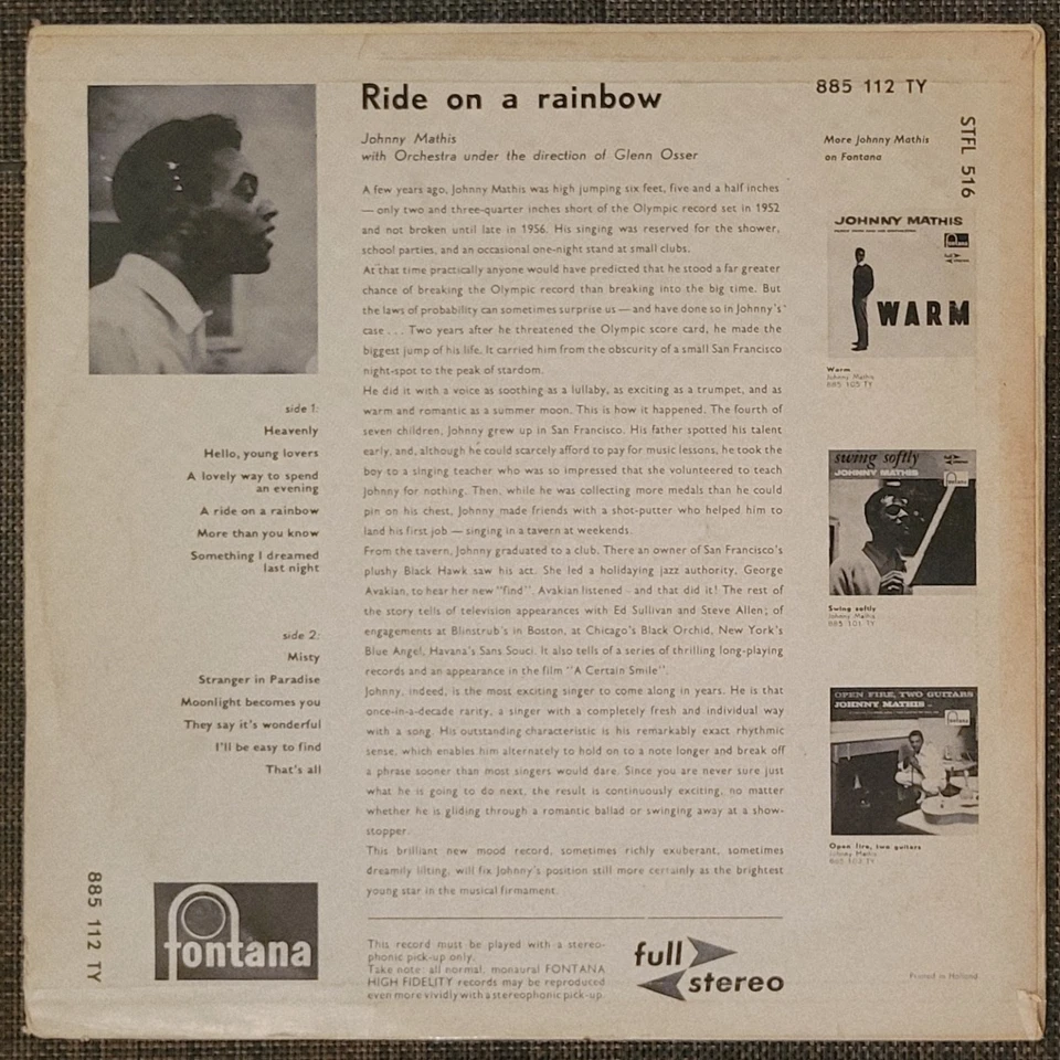 JOHNNY MATHIS Ride On A Rainbow LP 1960 Netherlands Import VG + FREE SHIPPING - Image 2 of 4