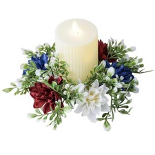 4th of July Candle Rings Red White Blue Patriotic Wreath Floral Holder Set