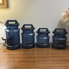 4 Vintage LE Smith Dark Blue Glass Apothecary Jar Canister W Lids Milk Can Shape