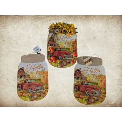 NWT  Hello Fall Mason Jar Red Truck Door,Wall,Wreath Sign Decor  (3)
