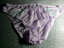 L/XL Vintage Style Silky Shiny Lilac Nylon Lo Rise Jade Lace Panties Fits 34 36"