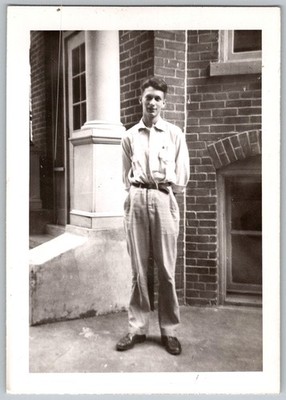 Vtg B&W Snapshot Young Man In Button Down Shirt & Trousers By Brick Wall Late