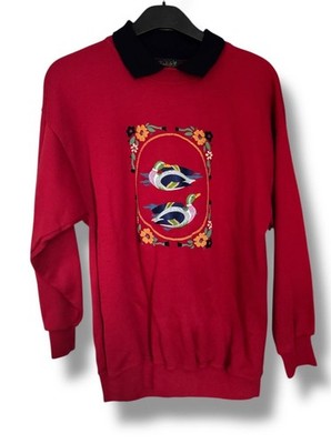Kleiner Rettich Countrywear Pullover Stockente rot dunkelblau Kragen 90er Vintage