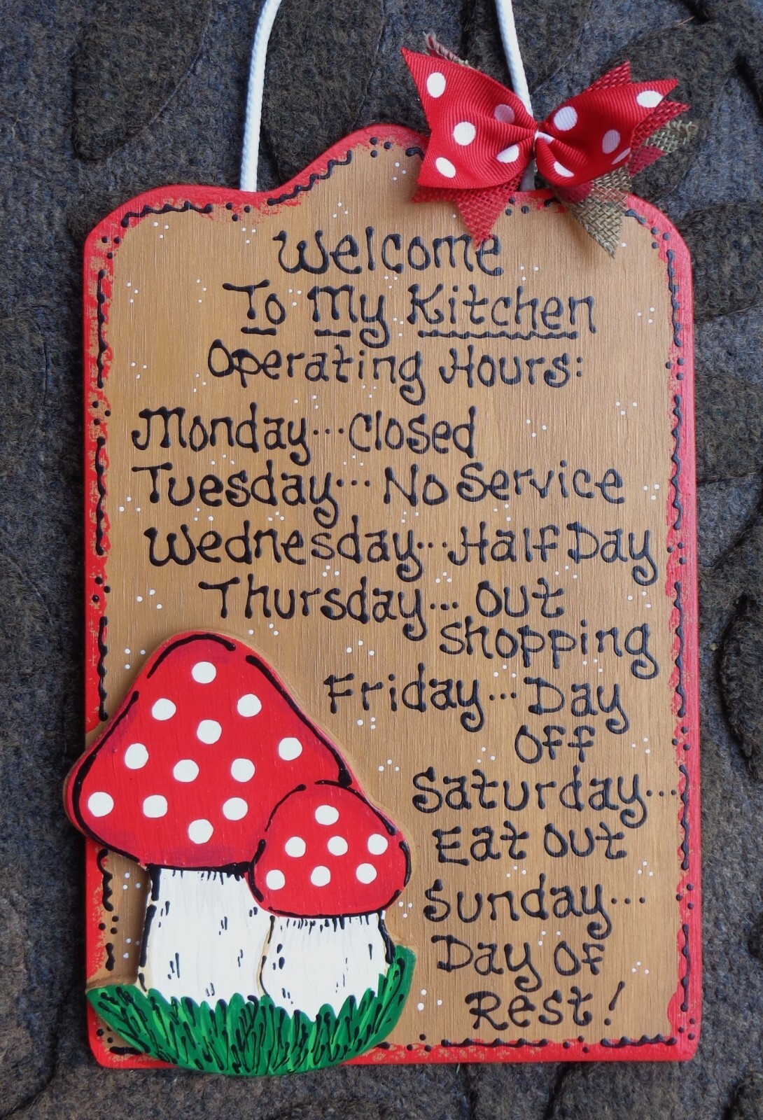 Kitchen Operating Hours MUSHROOM OVERLAY Red White Kitchen Operating Hours SIGN Plaque Wood ...
